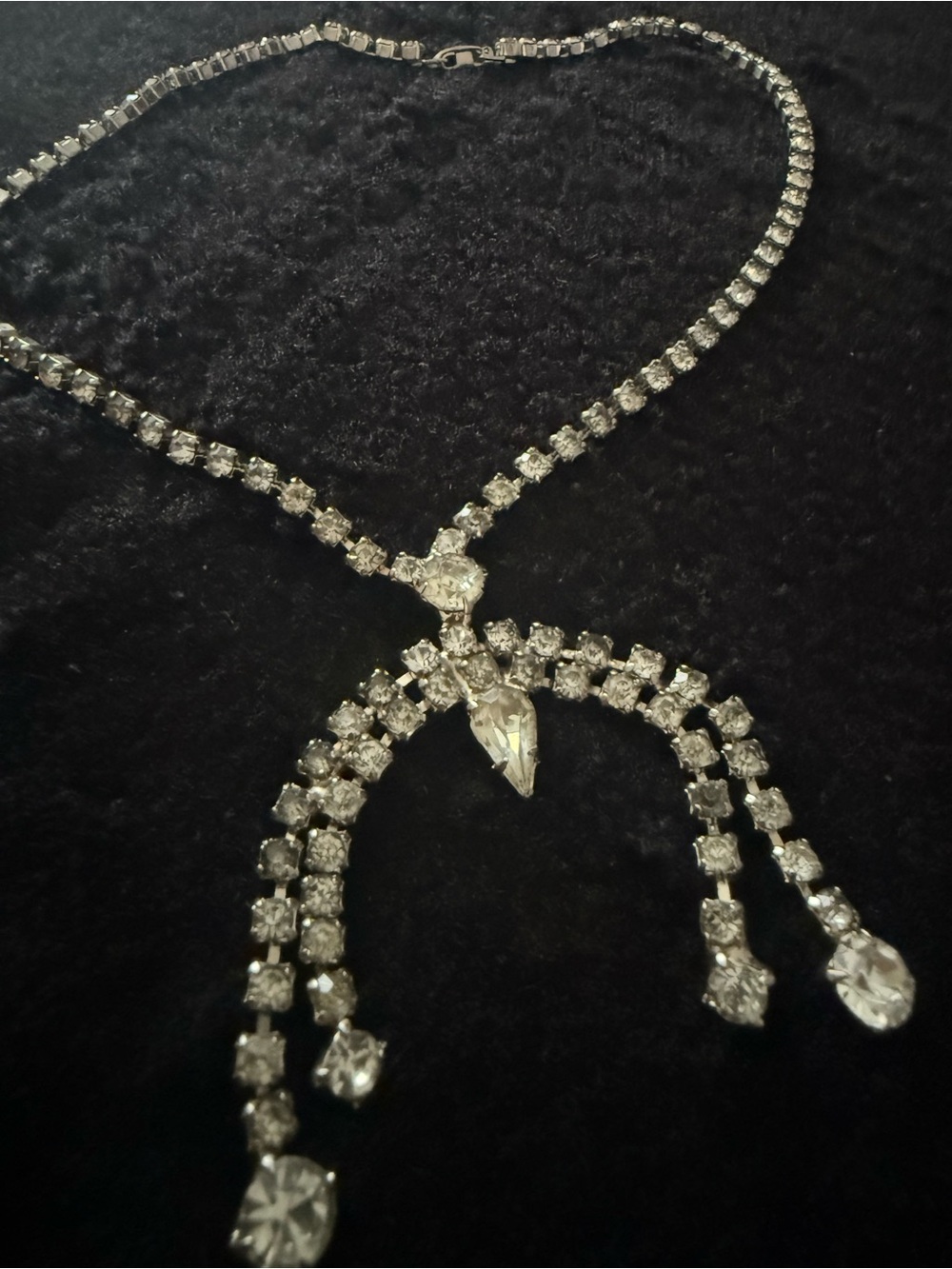 Vintage 1950s Rhinestone Bib Necklace Clear Crystal Dangle Statement
